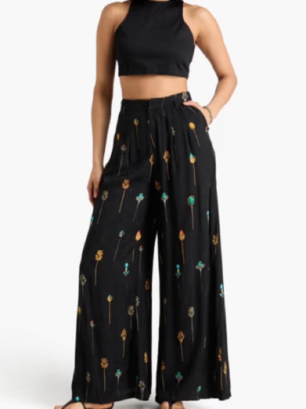 Agua by Agua Bendita Black Wide-Leg Printed Palazzo Pants NWT